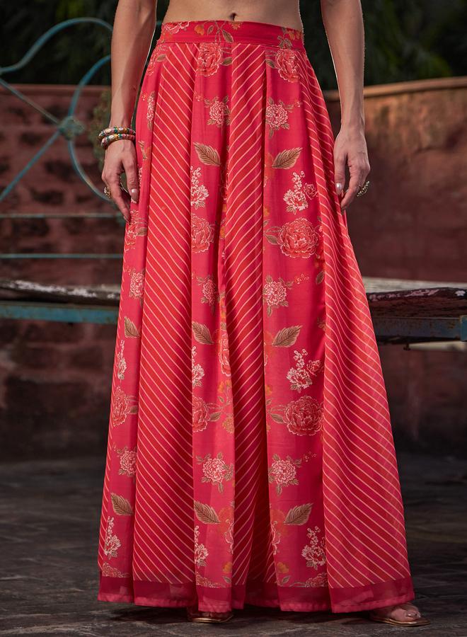 SASSAFRAS Women Pink Floral Frill Neck Crop Top with Anarkali Skirt Set - Image 5